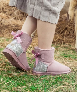 XH SMAIBULUN UGG™ | Sequins Ribbon Bow Faux Fur-Lined Suede Boots - Dusty Pink