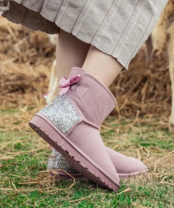 XH SMAIBULUN UGG™ | Sequins Ribbon Bow Faux Fur-Lined Suede Boots - Dusty Pink