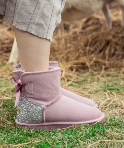 XH SMAIBULUN UGG™ | Sequins Ribbon Bow Faux Fur-Lined Suede Boots - Dusty Pink