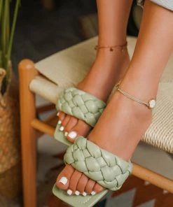 HT En Bloom | Pistachio Matte Weave Flat Sole Slide NEW ARRIVALS