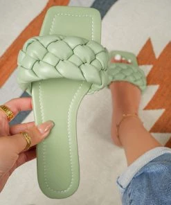 HT En Bloom | Pistachio Matte Weave Flat Sole Slide NEW ARRIVALS