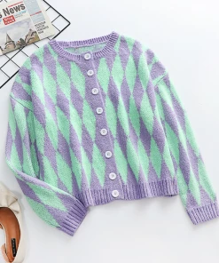 MY NEW ARRIVALS Smaibulun | FELISE Chess Patterned Knit Cardigan - Purple