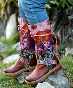 SOFFIA | Genuine Leather Bohemian Purple Brown Floral Tie-Accent Boho Knee Boots Shoes