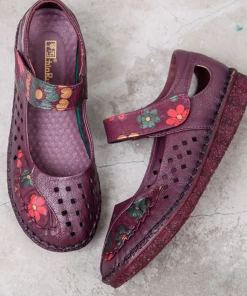 XR New In Shoes Rumour Has It | Perforated Flower Printed Leather Mary Jane Flats- Purple