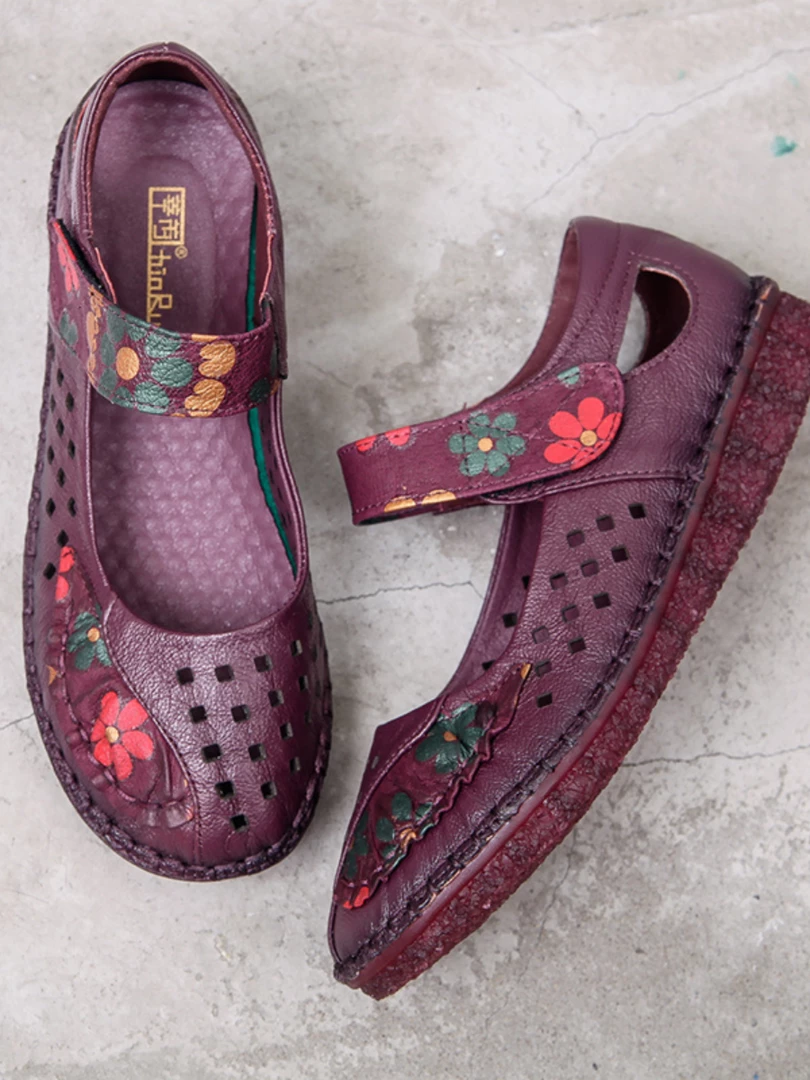 XR New In Shoes Rumour Has It | Perforated Flower Printed Leather Mary Jane Flats- Purple 1 XR New In Shoes Rumour Has It | Perforated Flower Printed Leather Mary Jane Flats- Purple