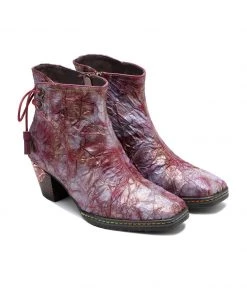 SOFFIA | Genuine Leather Purple Distress Old Washed Drawstring Mid Heel Ankle Boots