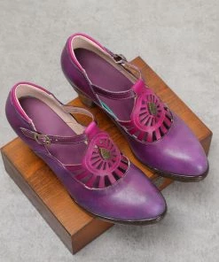 RXD NEW ARRIVALS SOFFIA | Purple Genuine Leather Cut Out Vintage Mary Jane Heeled Pumps