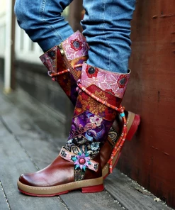 SOFFIA | Genuine Leather Bohemian Purple Brown Floral Tie-Accent Boho Knee Boots Shoes