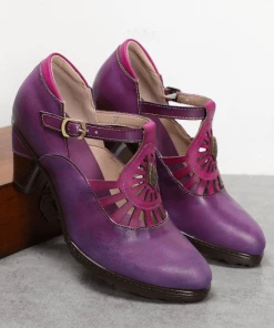 RXD NEW ARRIVALS SOFFIA | Purple Genuine Leather Cut Out Vintage Mary Jane Heeled Pumps