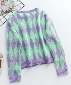 MY NEW ARRIVALS Smaibulun | FELISE Chess Patterned Knit Cardigan - Purple