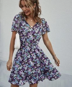 DY LUISA Floral Print Mini Dress - Purple NEW ARRIVALS