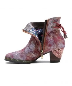 SOFFIA | Genuine Leather Purple Distress Old Washed Drawstring Mid Heel Ankle Boots