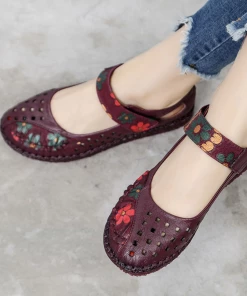 XR New In Shoes Rumour Has It | Perforated Flower Printed Leather Mary Jane Flats- Purple