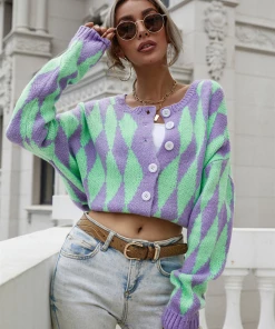 MY NEW ARRIVALS Smaibulun | FELISE Chess Patterned Knit Cardigan - Purple