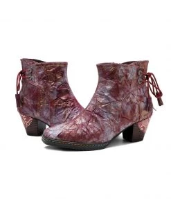 SOFFIA | Genuine Leather Purple Distress Old Washed Drawstring Mid Heel Ankle Boots