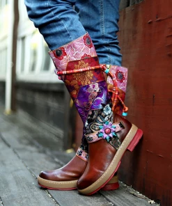 SOFFIA | Genuine Leather Bohemian Purple Brown Floral Tie-Accent Boho Knee Boots Shoes 10 SOFFIA | Genuine Leather Bohemian Purple Brown Floral Tie-Accent Boho Knee Boots Shoes