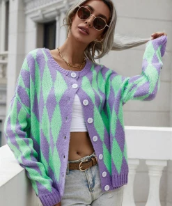 MY NEW ARRIVALS Smaibulun | FELISE Chess Patterned Knit Cardigan - Purple