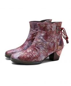 SOFFIA | Genuine Leather Purple Distress Old Washed Drawstring Mid Heel Ankle Boots