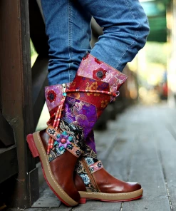 SOFFIA | Genuine Leather Bohemian Purple Brown Floral Tie-Accent Boho Knee Boots Shoes 11 SOFFIA | Genuine Leather Bohemian Purple Brown Floral Tie-Accent Boho Knee Boots Shoes