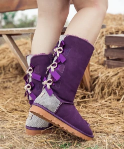 XH SMAIBULUN UGG™ | Back Rhinestone & Ribbon Triple Bow Tie Suede Boots - Purple NEW ARRIVALS