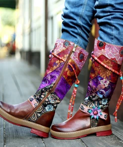 SOFFIA | Genuine Leather Bohemian Purple Brown Floral Tie-Accent Boho Knee Boots Shoes 13 SOFFIA | Genuine Leather Bohemian Purple Brown Floral Tie-Accent Boho Knee Boots Shoes