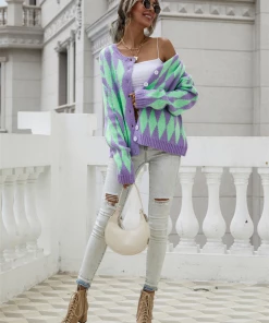 MY NEW ARRIVALS Smaibulun | FELISE Chess Patterned Knit Cardigan - Purple