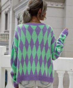 MY NEW ARRIVALS Smaibulun | FELISE Chess Patterned Knit Cardigan - Purple