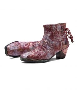 SOFFIA | Genuine Leather Purple Distress Old Washed Drawstring Mid Heel Ankle Boots