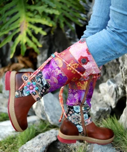 SOFFIA | Genuine Leather Bohemian Purple Brown Floral Tie-Accent Boho Knee Boots Shoes 12 SOFFIA | Genuine Leather Bohemian Purple Brown Floral Tie-Accent Boho Knee Boots Shoes