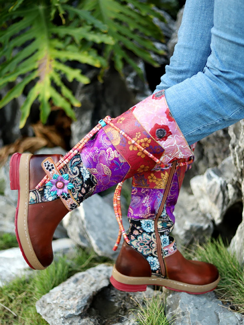 SOFFIA | Genuine Leather Bohemian Purple Brown Floral Tie-Accent Boho Knee Boots Shoes 5 SOFFIA | Genuine Leather Bohemian Purple Brown Floral Tie-Accent Boho Knee Boots Shoes