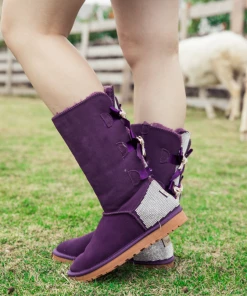 XH SMAIBULUN UGG™ | Back Rhinestone & Ribbon Triple Bow Tie Suede Boots - Purple NEW ARRIVALS