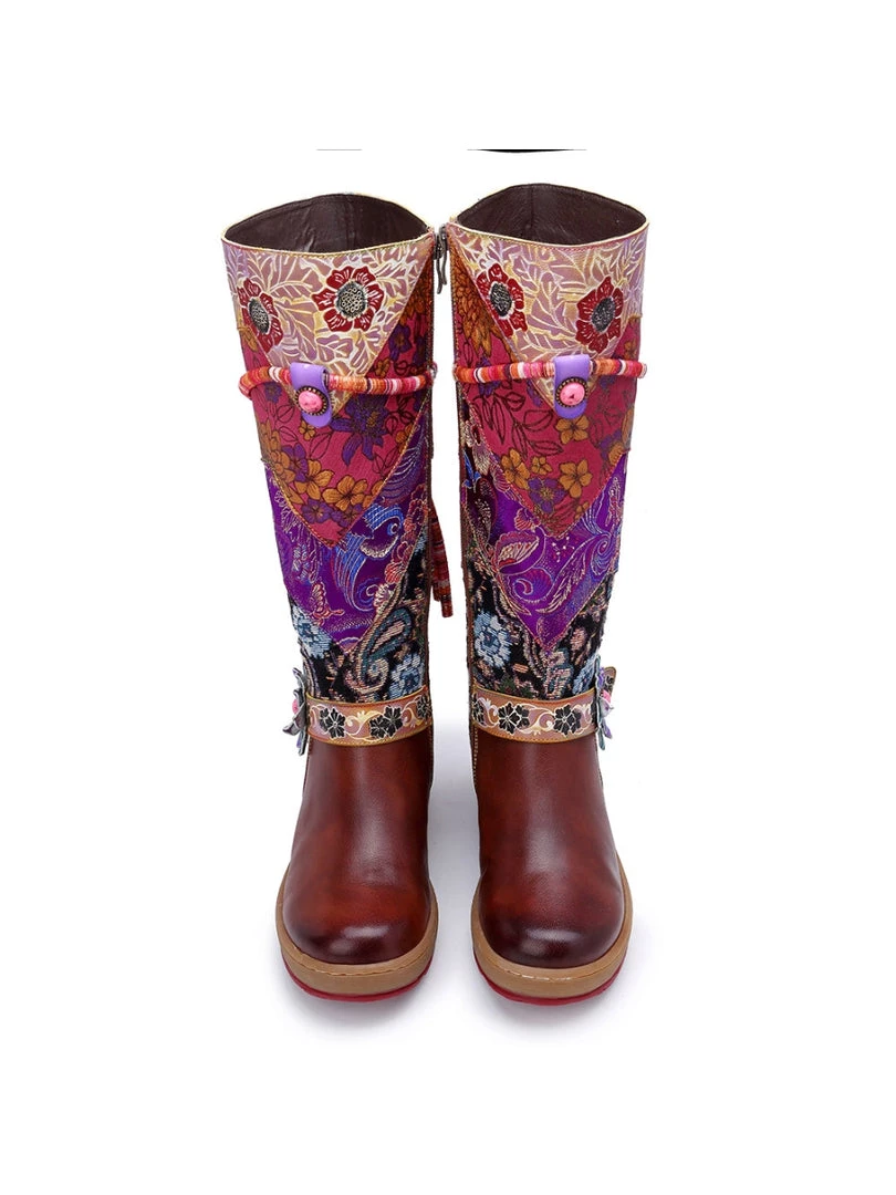 SOFFIA | Genuine Leather Bohemian Purple Brown Floral Tie-Accent Boho Knee Boots Shoes 8 SOFFIA | Genuine Leather Bohemian Purple Brown Floral Tie-Accent Boho Knee Boots Shoes