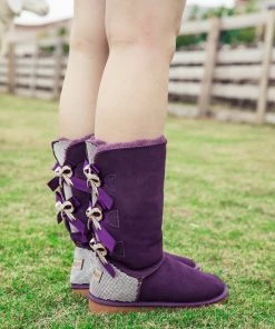 XH SMAIBULUN UGG™ | Back Rhinestone & Ribbon Triple Bow Tie Suede Boots - Purple NEW ARRIVALS