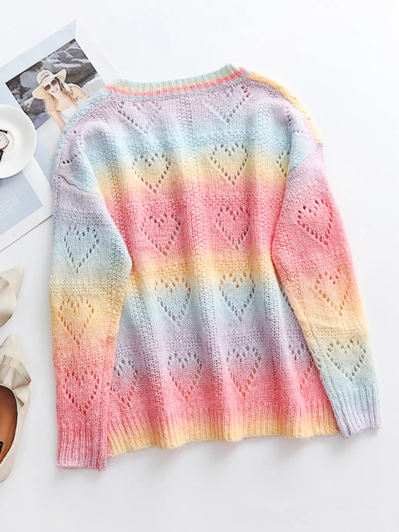 MY Smaibulun | Tie-Dye V Neck Heart Perforation Sweater - Pink Clothing 3 MY Smaibulun | Tie-Dye V Neck Heart Perforation Sweater - Pink Clothing