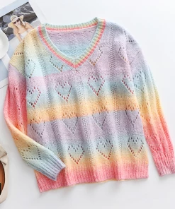 MY Smaibulun | Tie-Dye V Neck Heart Perforation Sweater - Pink Clothing