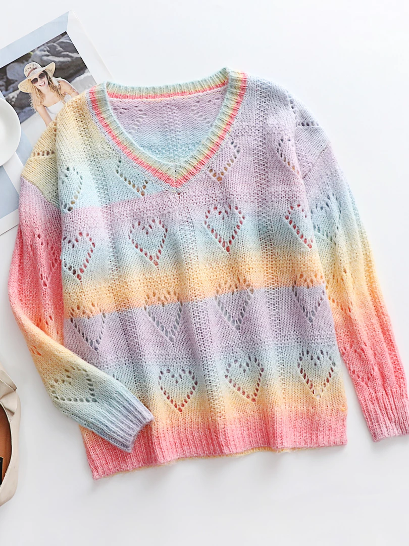 MY Smaibulun | Tie-Dye V Neck Heart Perforation Sweater - Pink Clothing 2 MY Smaibulun | Tie-Dye V Neck Heart Perforation Sweater - Pink Clothing