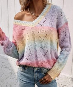 MY Smaibulun | Pink V Neck Heart Perforation Tie-Dye Sweater New In Clothing