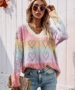 MY Smaibulun | Tie-Dye V Neck Heart Perforation Sweater - Pink Clothing 15 MY Smaibulun | Tie-Dye V Neck Heart Perforation Sweater - Pink Clothing