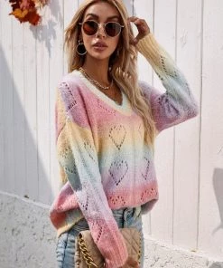 MY Smaibulun | Tie-Dye V Neck Heart Perforation Sweater - Pink Clothing 14 MY Smaibulun | Tie-Dye V Neck Heart Perforation Sweater - Pink Clothing