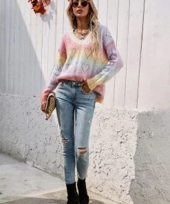 MY Smaibulun | Tie-Dye V Neck Heart Perforation Sweater - Pink Clothing 16 MY Smaibulun | Tie-Dye V Neck Heart Perforation Sweater - Pink Clothing