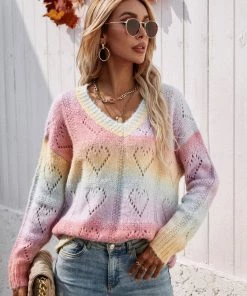 MY Smaibulun | Tie-Dye V Neck Heart Perforation Sweater - Pink Clothing 17 MY Smaibulun | Tie-Dye V Neck Heart Perforation Sweater - Pink Clothing