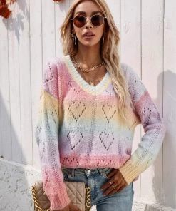 MY Smaibulun | Tie-Dye V Neck Heart Perforation Sweater - Pink Clothing 18 MY Smaibulun | Tie-Dye V Neck Heart Perforation Sweater - Pink Clothing