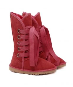 XH New In Shoes SMAIBULUN UGG™ | Ribbon Lace-Up Faux Fur-Lined Suede Mid-Length Boots