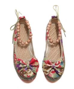 KLHX Bow Head Buddha Beads Round Toe Ankle Flat Shoes Boat Shoes - Cactus Rose Shop Sandals