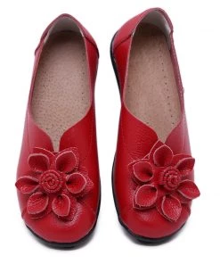 ATC Floral-Accent Round Toe Leather Flats Pumps - MAMA LOVE