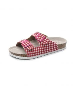 GLF NEW ARRIVALS Maibulun | Red Tartan Gingham Double-Buckle Sandals Slides
