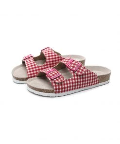 GLF NEW ARRIVALS Maibulun | Red Tartan Gingham Double-Buckle Sandals Slides