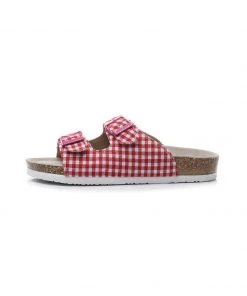 GLF NEW ARRIVALS Maibulun | Red Tartan Gingham Double-Buckle Sandals Slides