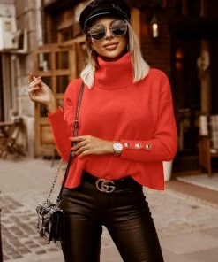 MY Smaibulun | Coral Red Oversized Collar Turtleneck Knit Sweater New In Clothing