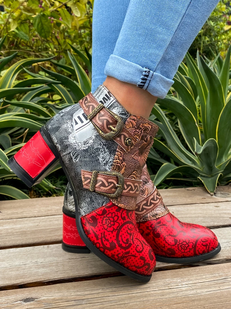 YL Embossed Triple-Flower Bootie Ankle Boots Heel Boots - En Bloom Shoes 10 YL Embossed Triple-Flower Bootie Ankle Boots Heel Boots - En Bloom Shoes